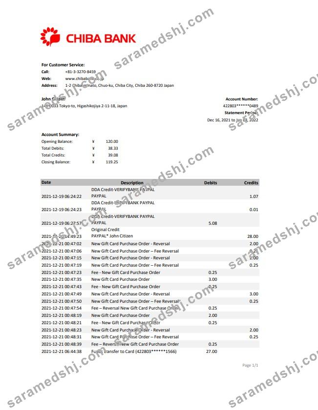 Japan Chiba Bank statement